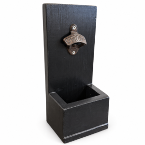 Rustic black wood wall-mounted bottle opener with metal opener and built-in bottle cap catcher