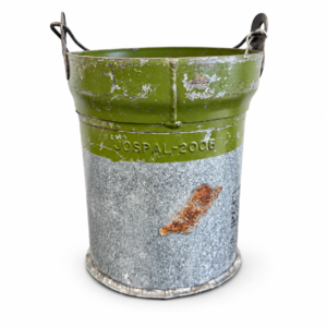 Vintage-style galvanized metal bucket with distressed green trim and black metal handles