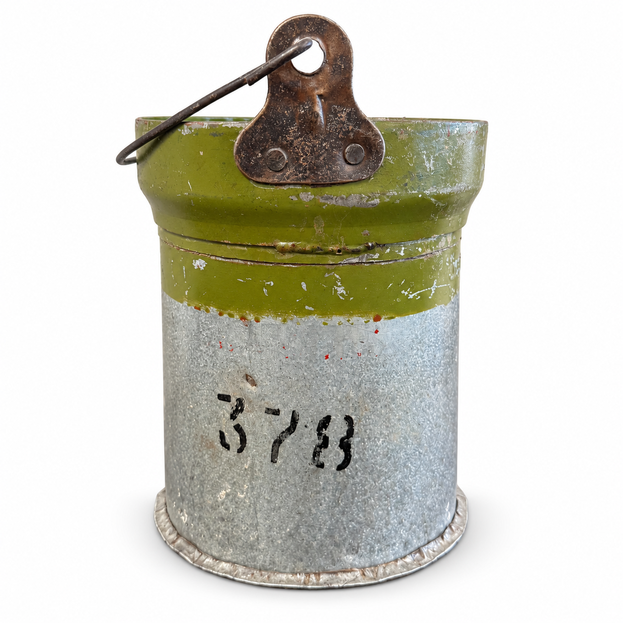 Vintage-style galvanized metal bucket with distressed green trim and black metal handles
