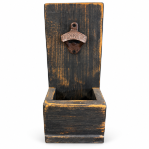 Rustic black and amber distressed wooden wall-mounted bottle opener with vintage metal opener and built-in cap catcher
