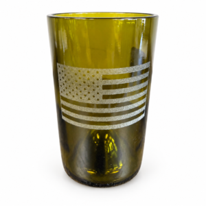 Olive green glass tumbler featuring an etched American flag with stars and stripes