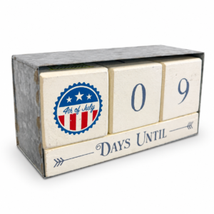 Rustic 4th of July countdown calendar with interchangeable wooden number blocks and galvanized metal frame