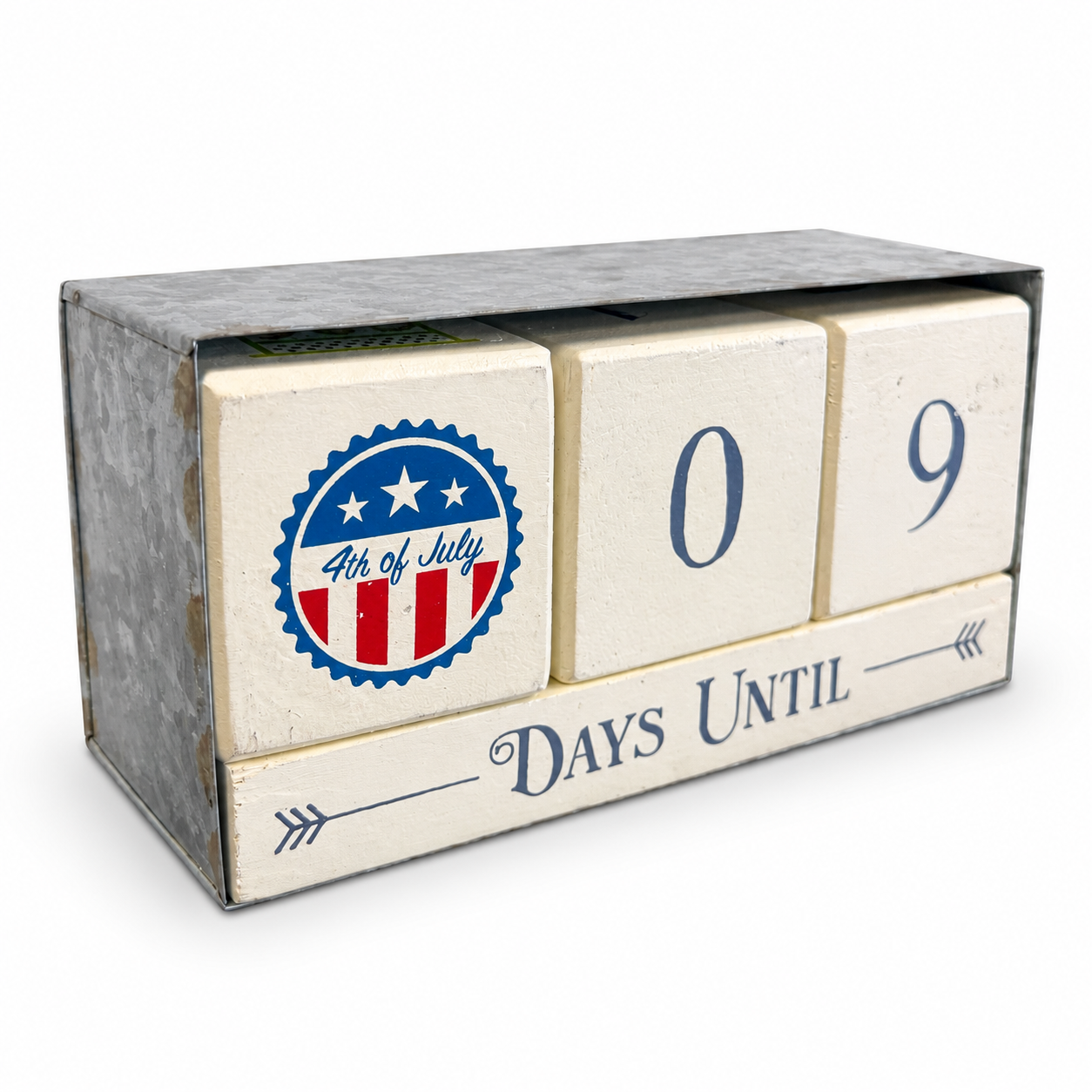 Rustic 4th of July countdown calendar with interchangeable wooden number blocks and galvanized metal frame