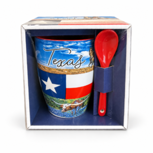 Texas-themed cup and red spoon gift set featuring the Texas flag, longhorn, bluebonnets, and Western scenery