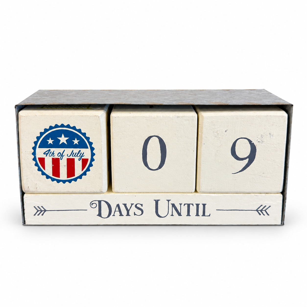 Rustic 4th of July countdown calendar with interchangeable wooden number blocks and galvanized metal frame