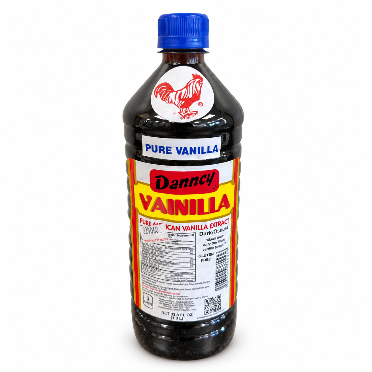 Large 1-liter bottle of Dancy Dark Pure Mexican Vanilla Extract with blue cap and red rooster logo