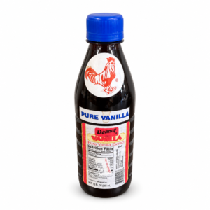 Bottle of Dancy Pure Vanilla Extract with dark vanilla, blue cap, rooster logo, and 12-ounce label