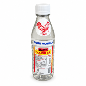 Bottle of Dancy clear Pure Mexican Vanilla Extract with white cap, red rooster logo, and 12-ounce label