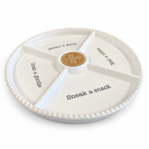 Round white ceramic serving tray with four divided snack compartments and decorative beaded rim