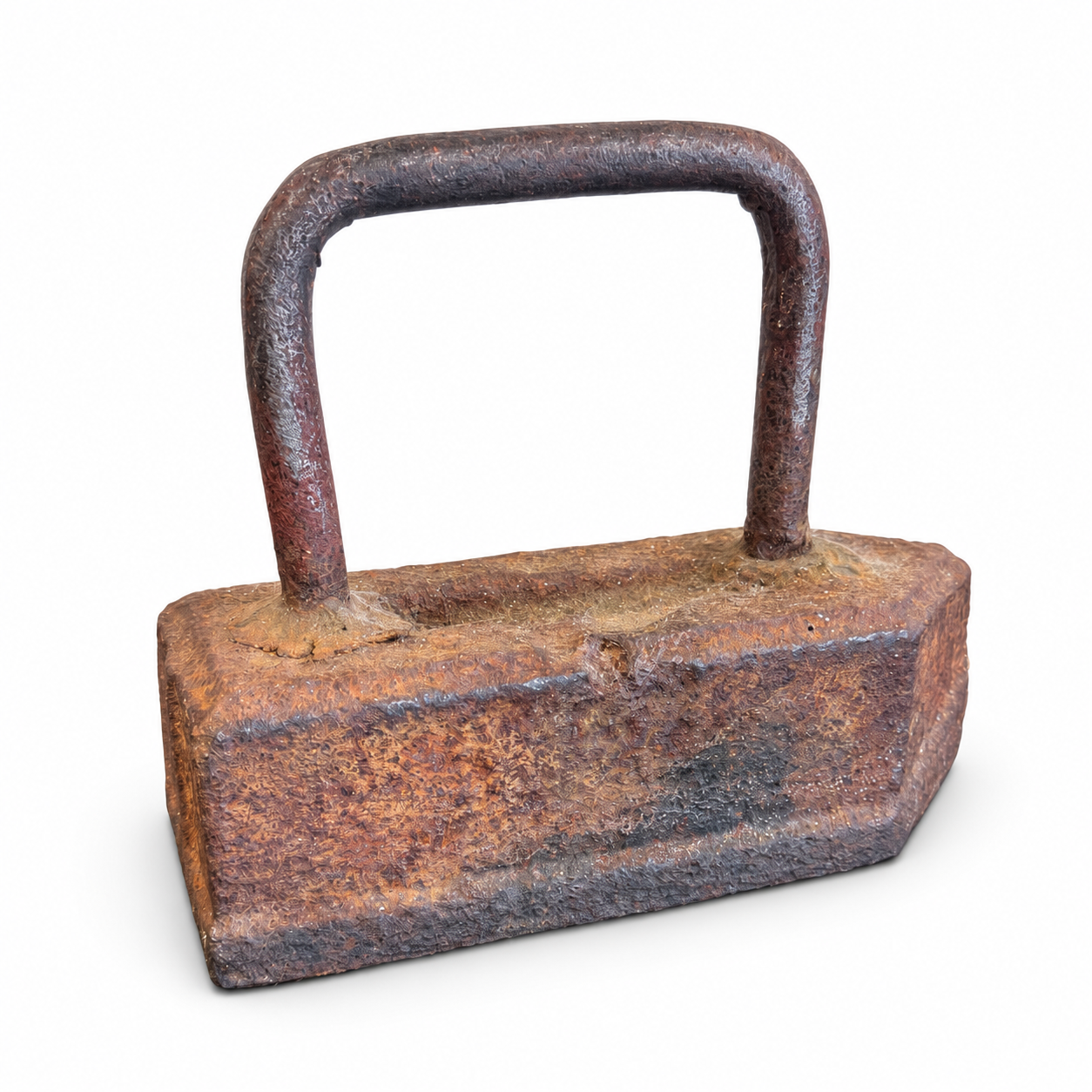 Vintage-style heavy metal sad iron with a tall handle and textured aged rust-brown finish.