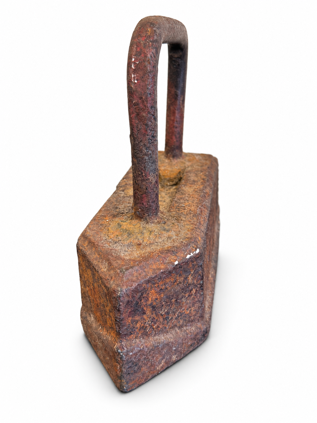 Vintage-style heavy metal sad iron with a tall handle and textured aged rust-brown finish.