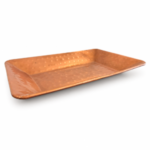 Rectangular copper-tone decorative tray with gently raised edges and a hammered textured finish.