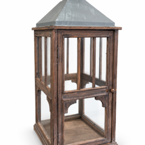 Large rustic wood and metal lantern with clear glass panels, distressed dark wood frame, and gray metal roof.