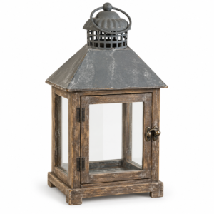 Rustic wood and metal lantern with clear glass panels, distressed finish, hinged door, and top carrying handle.