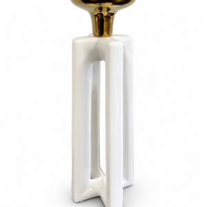 Modern white ceramic candle holder with an open geometric base and polished gold top.