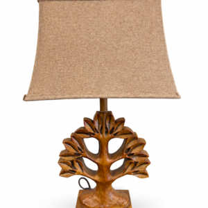 Decorative tree table lamp with a warm amber finish and textured rectangular fabric shade.