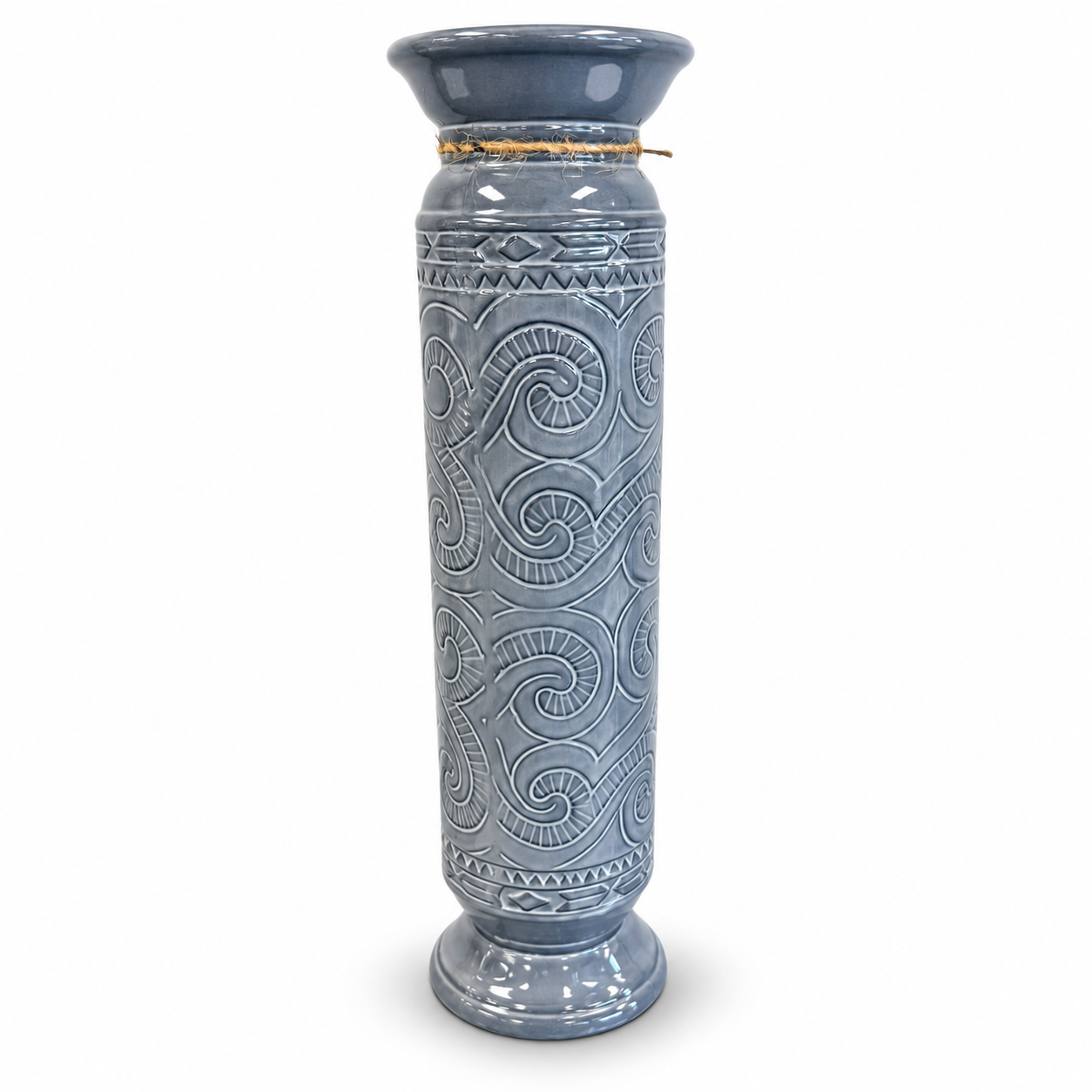 Tall blue-gray decorative vase with an embossed swirling pattern, glossy finish, and rustic rope accent.