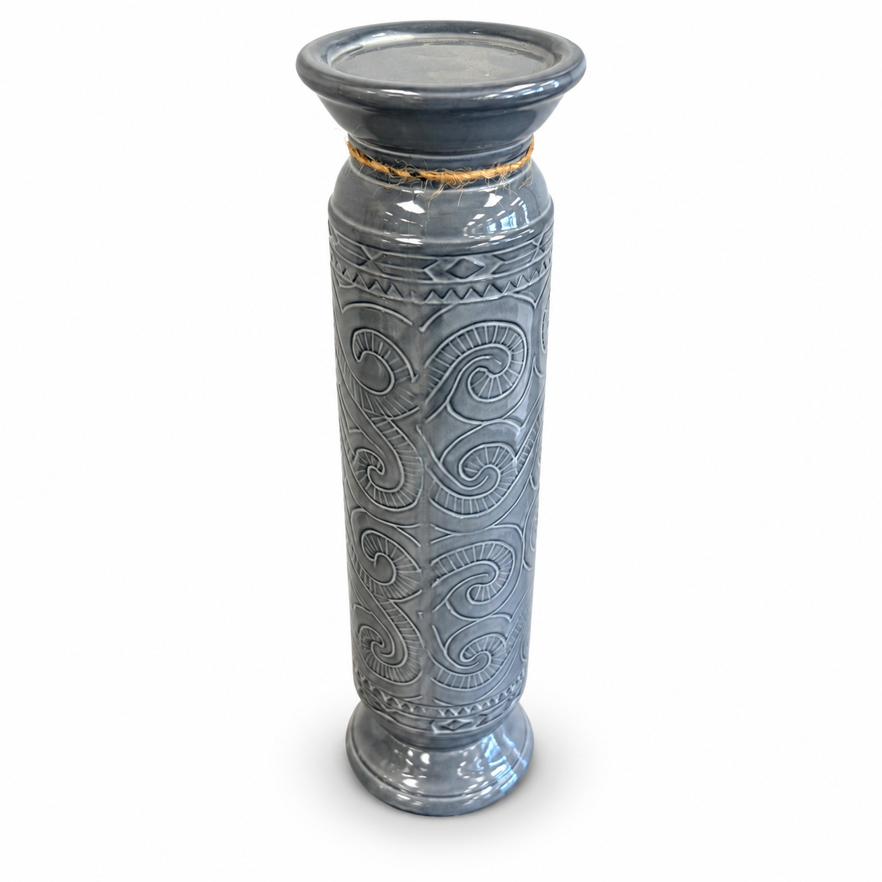 Tall blue-gray decorative vase with an embossed swirling pattern, glossy finish, and rustic rope accent.