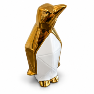 Modern decorative penguin figurine with a glossy metallic gold finish and white geometric body.