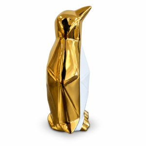 Modern decorative penguin figurine with a glossy metallic gold finish and white geometric body.