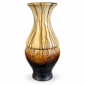 Tall decorative vase with warm amber, gold, brown, and black tones featuring vertical drip-style detailing.