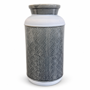 Tall gray and white decorative vase with an embossed geometric pattern and glossy finish.