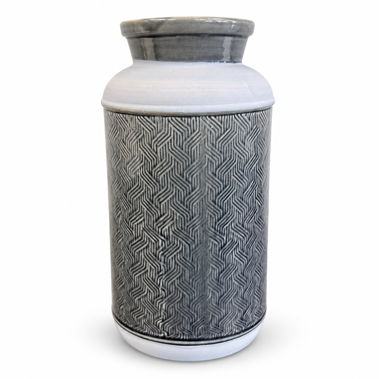Tall gray and white decorative vase with an embossed geometric pattern and glossy finish.