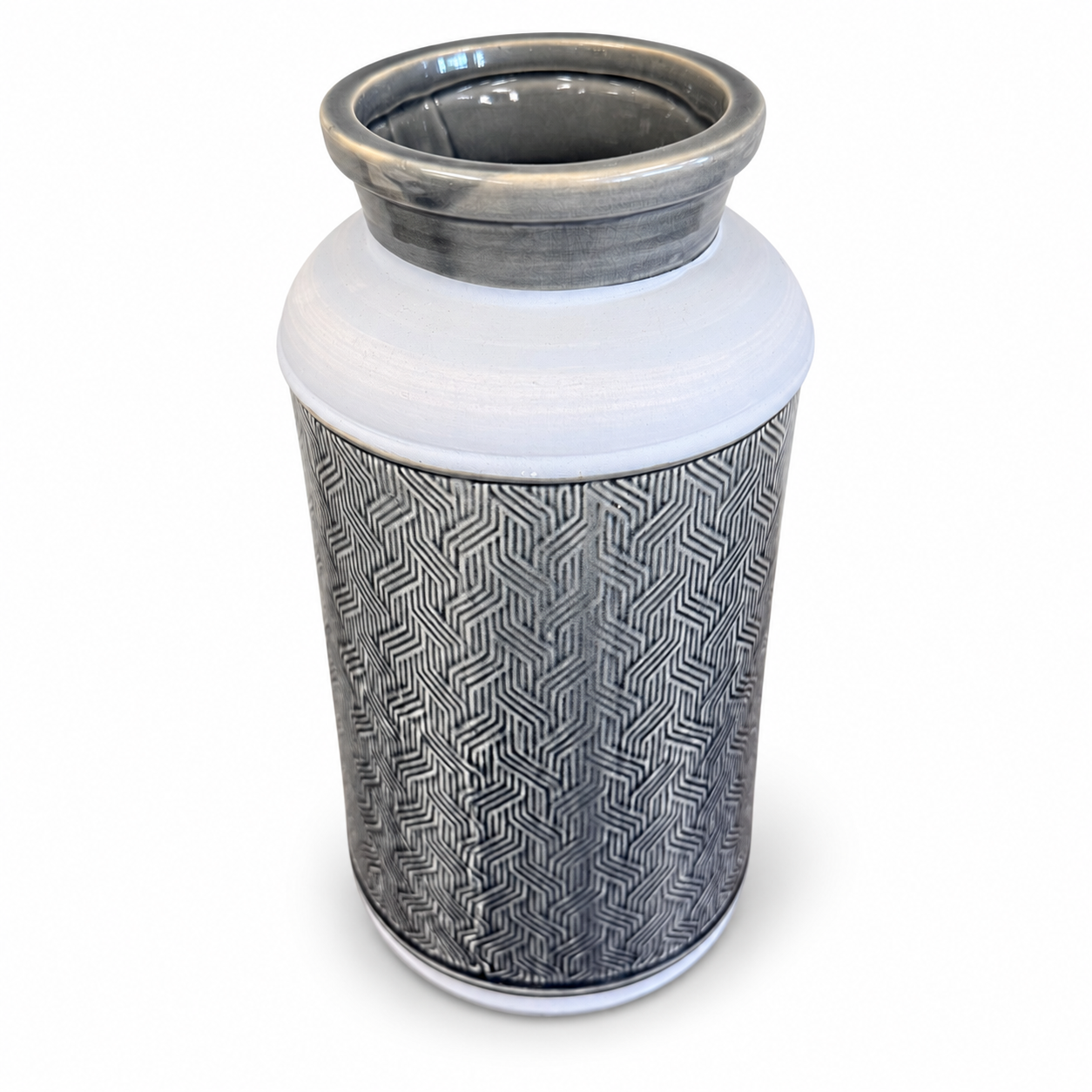 Tall gray and white decorative vase with an embossed geometric pattern and glossy finish.