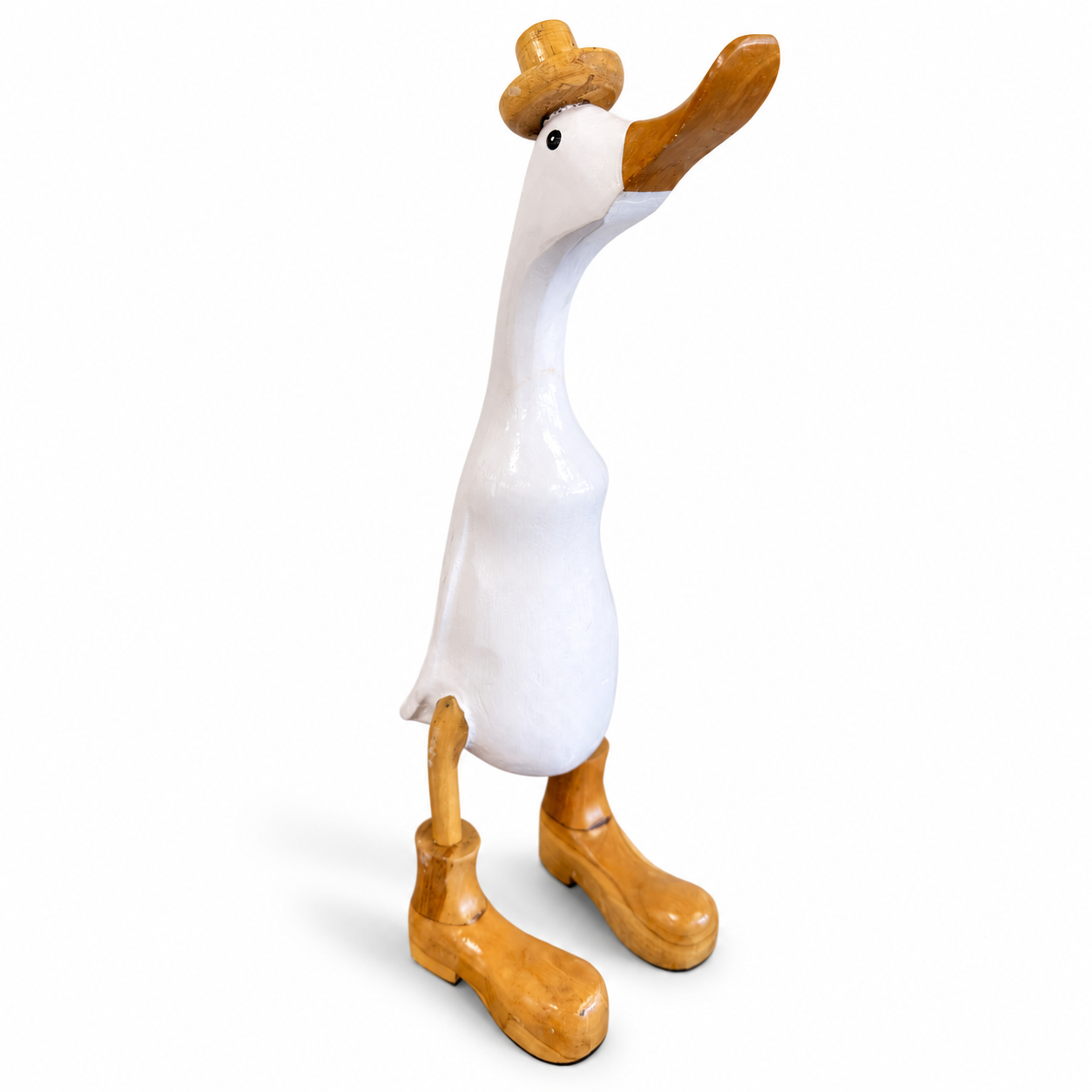 Whimsical white decorative duck figurine wearing a natural wood-look top hat and oversized boots.