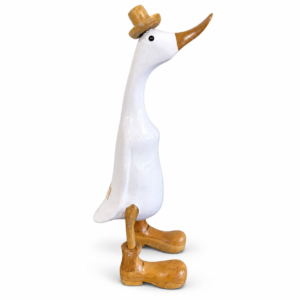 Whimsical white decorative duck figurine wearing a natural wood-look top hat and oversized boots.