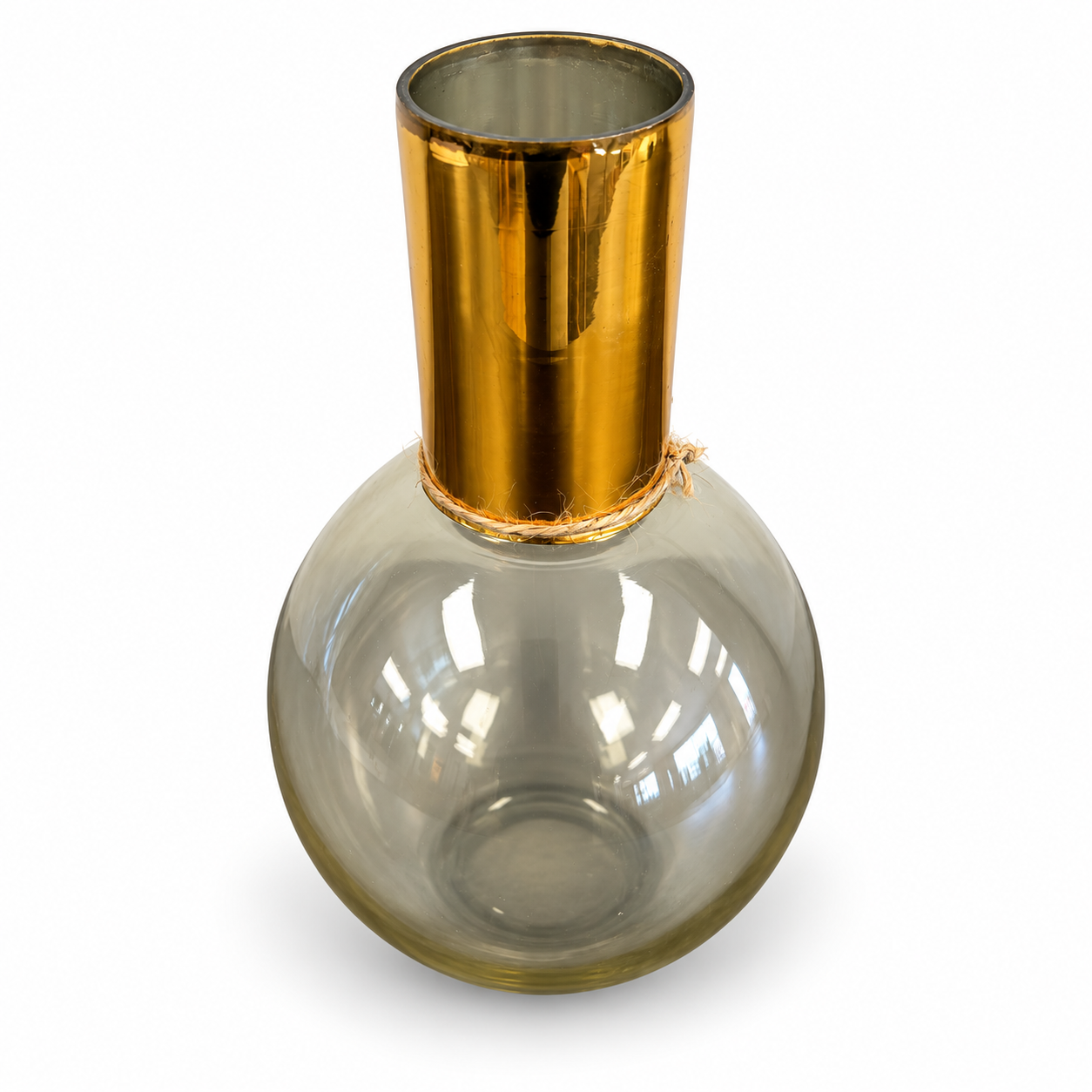 Round smoky glass decorative vase with a tall metallic gold neck and subtle rope accent.
