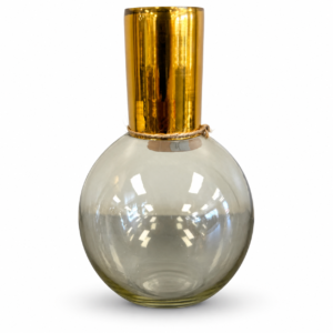 Round smoky glass decorative vase with a tall metallic gold neck and subtle rope accent.