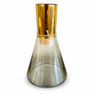 Smoky glass decorative vase with a tapered body, metallic gold neck, and rustic rope accent.