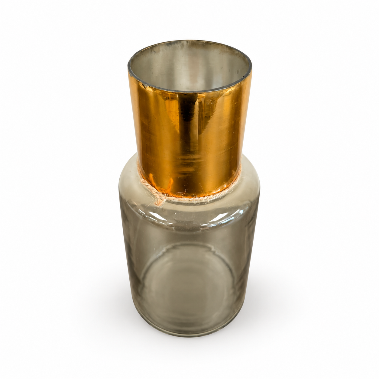 Decorative smoky glass vase with a cream upper section, metallic gold neck, and rustic rope accent.