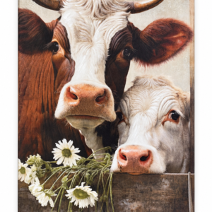 Rustic cow and calf canvas wall art featuring warm brown and cream tones with white daisies.
