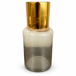 Decorative smoky glass vase with a cream upper section, metallic gold neck, and rustic rope accent.