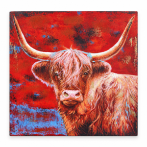 Colorful Highland cow canvas wall art with long horns against a bold red and blue abstract background