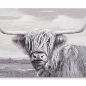 Black and white Highland cow canvas wall art with long horns in a peaceful countryside landscape, 40 x 28 inches.