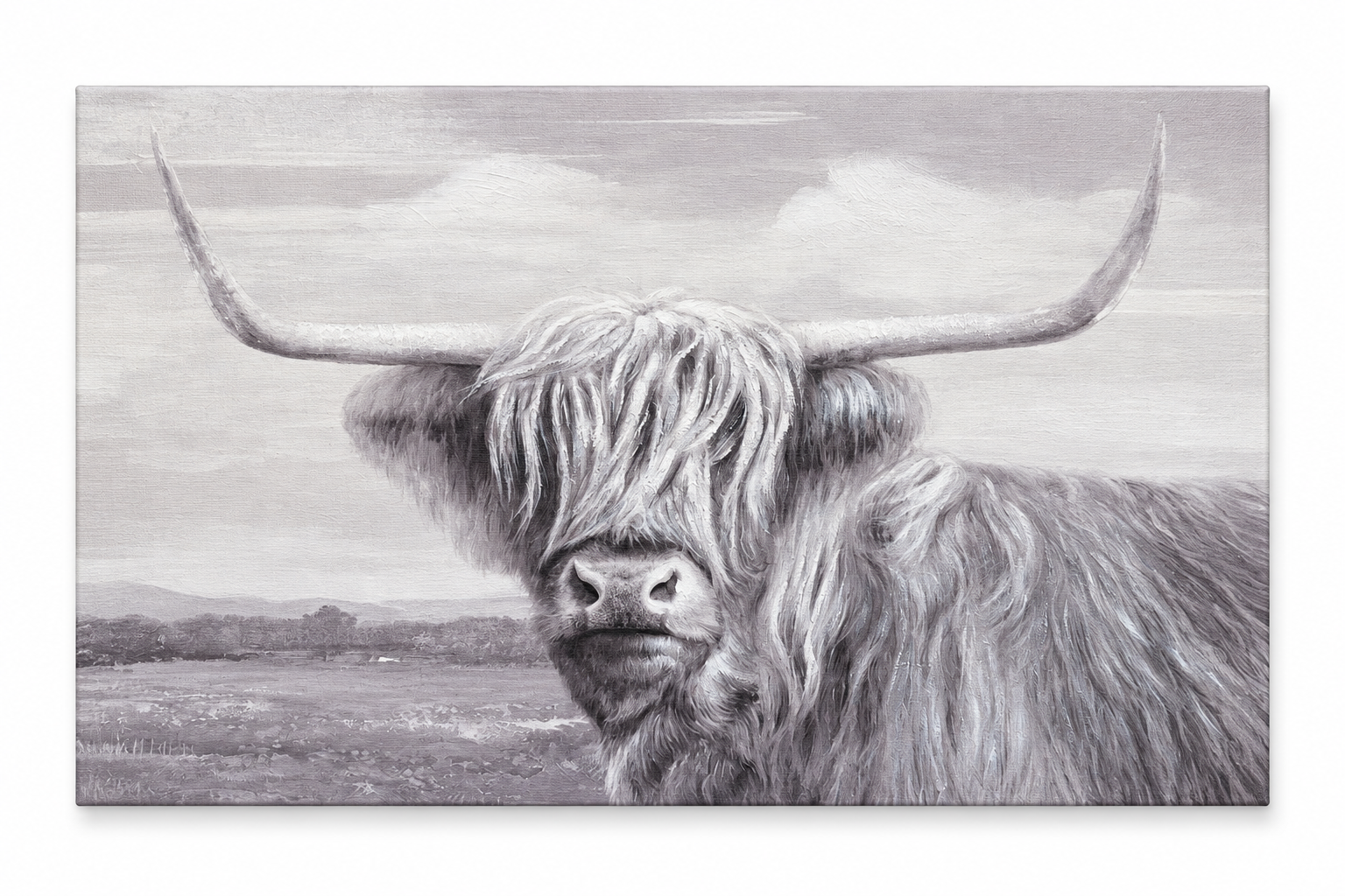 Black and white Highland cow canvas wall art with long horns in a peaceful countryside landscape, 40 x 28 inches.
