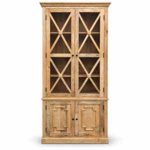 Natural wood display cabinet with glass doors, decorative cross detailing, interior shelving, and lower enclosed storage.