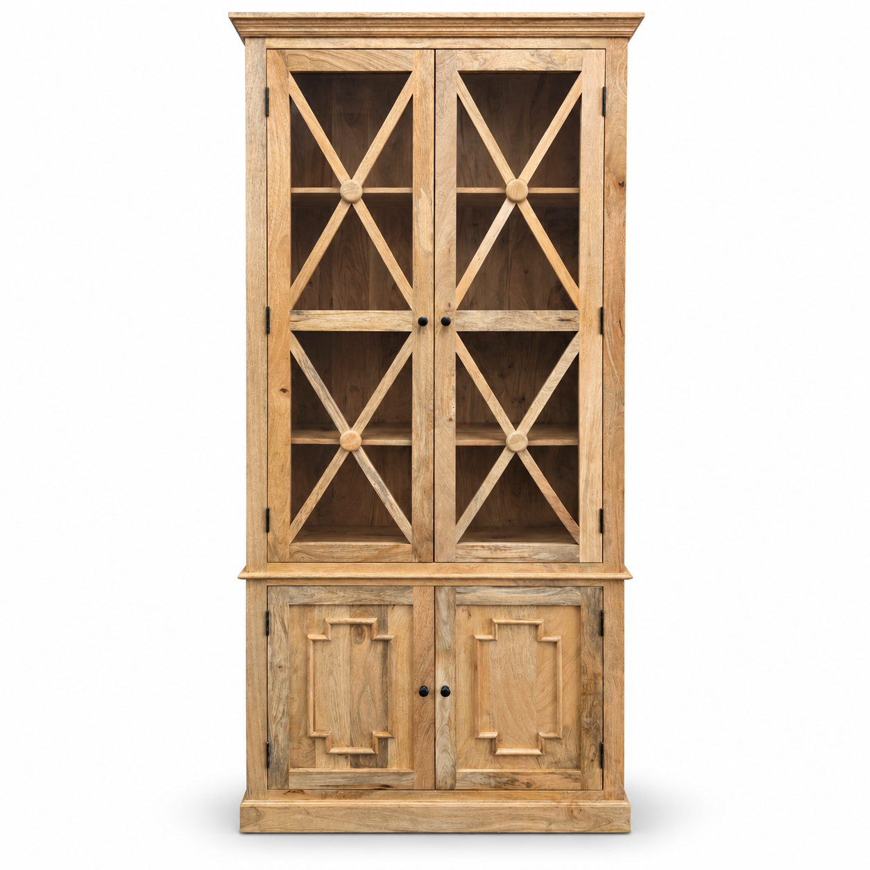 Natural wood display cabinet with glass doors, decorative cross detailing, interior shelving, and lower enclosed storage.