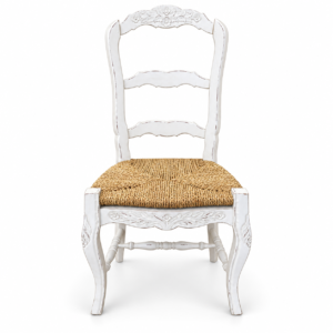 Distressed white French country wooden dining chair with woven natural rush seat and carved floral details