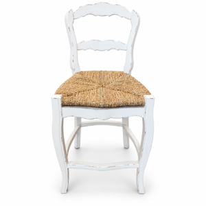 Distressed white French country wooden chair with curved ladder back and natural woven rush seat