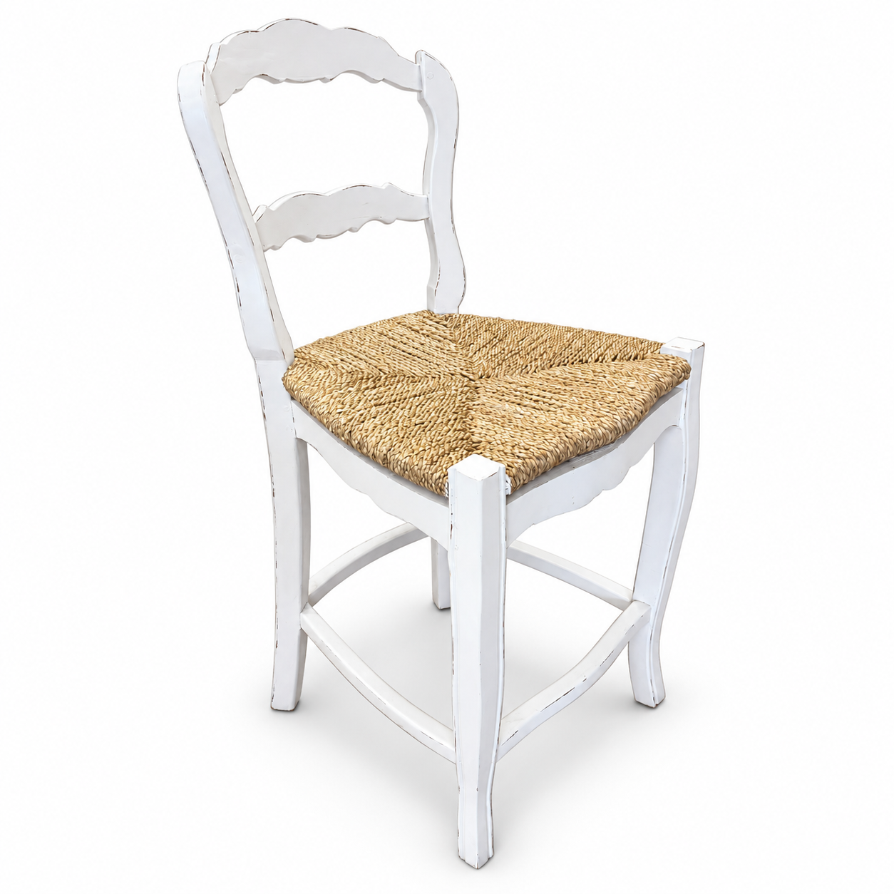 Distressed white French country wooden chair with curved ladder back and natural woven rush seat