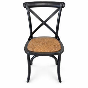 Rustic black dining chair with cross-back design, curved legs, and natural woven seat
