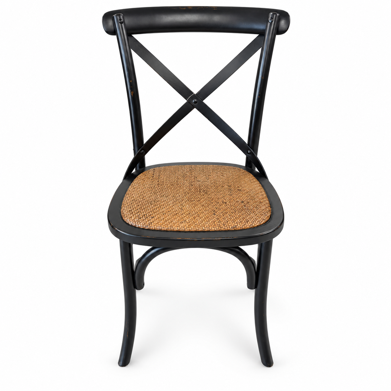 Rustic black dining chair with cross-back design, curved legs, and natural woven seat