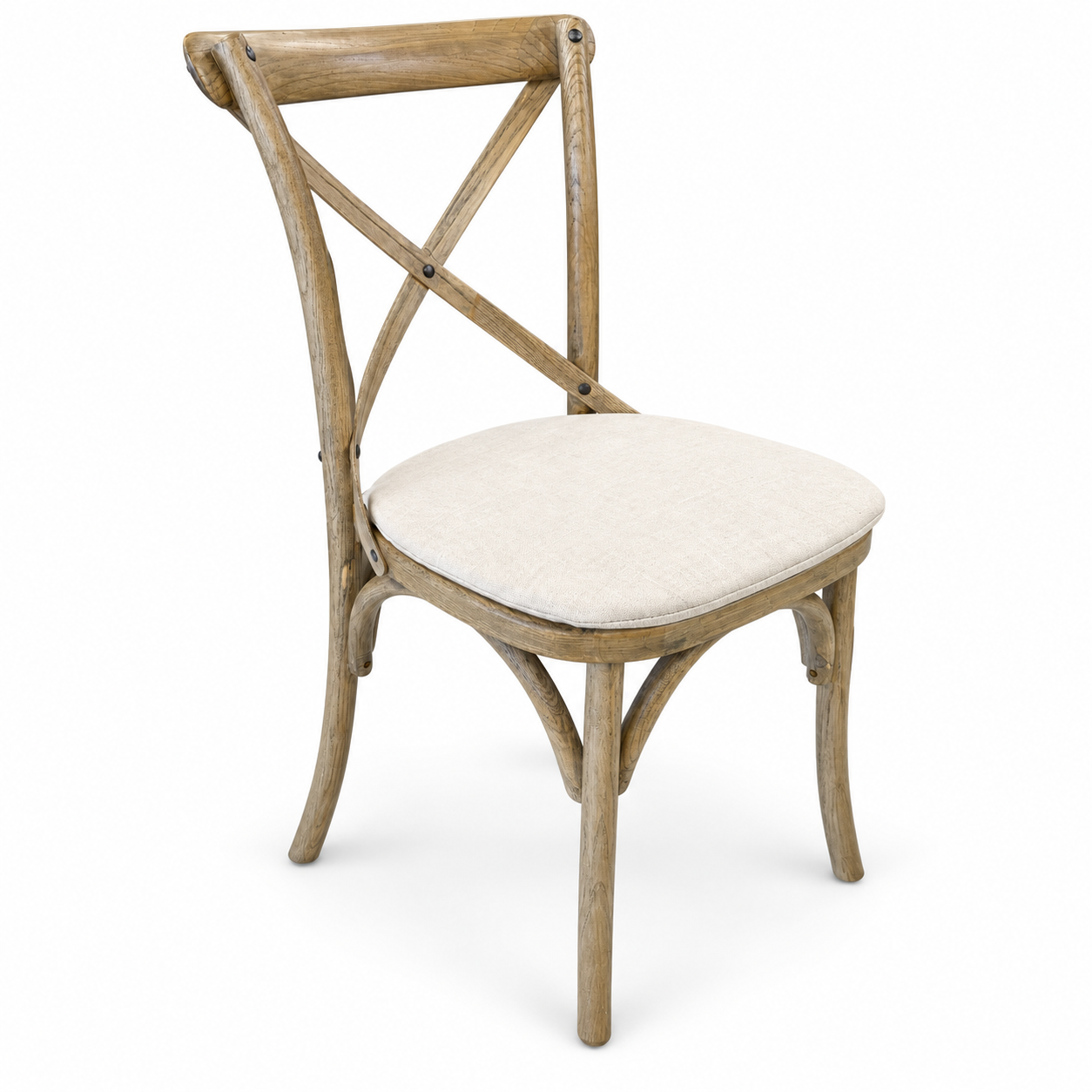 Natural wood cross-back dining chair with curved legs and light neutral upholstered seat