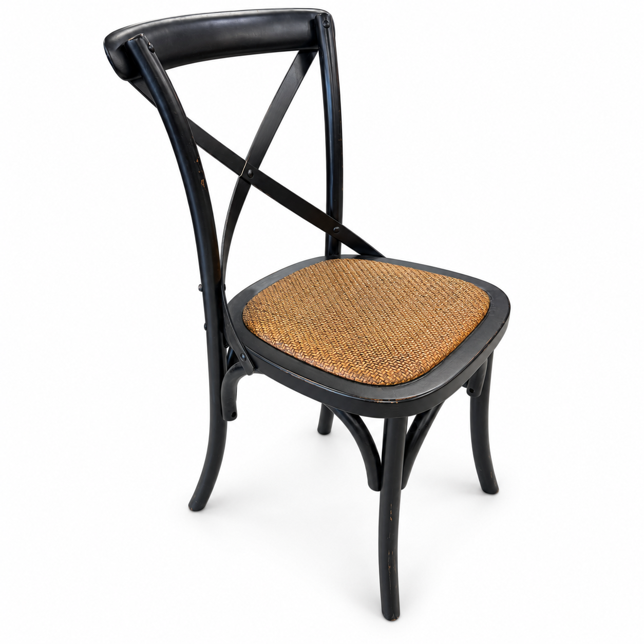 Rustic black dining chair with cross-back design, curved legs, and natural woven seat