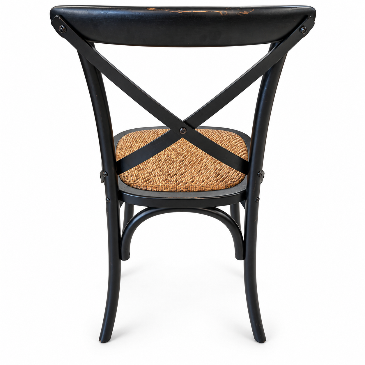 Rustic black dining chair with cross-back design, curved legs, and natural woven seat