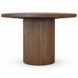 Round wood dining table with thick natural wood top and vertically fluted cylindrical pedestal base